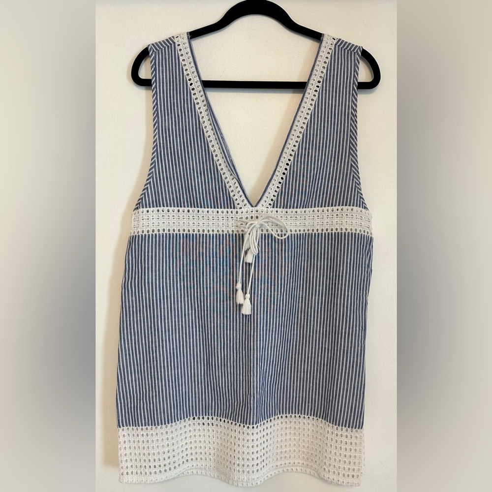 J. Crew Blue and White Striped Linen Eyelet Cover-Up Beach Dress, size Small
